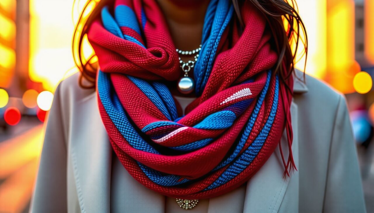 Une personne portant une &eacute;charpe vibrante et des bijoux tendance