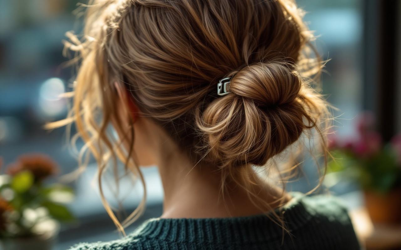 Gros plan d'un chignon texturé maintenu par une grosse pince, mèches lâches et texture des cheveux visibles, arrière-plan flou d'un café ensoleillé, lumière douce du matin, tons chauds avec touches bleu-vert.