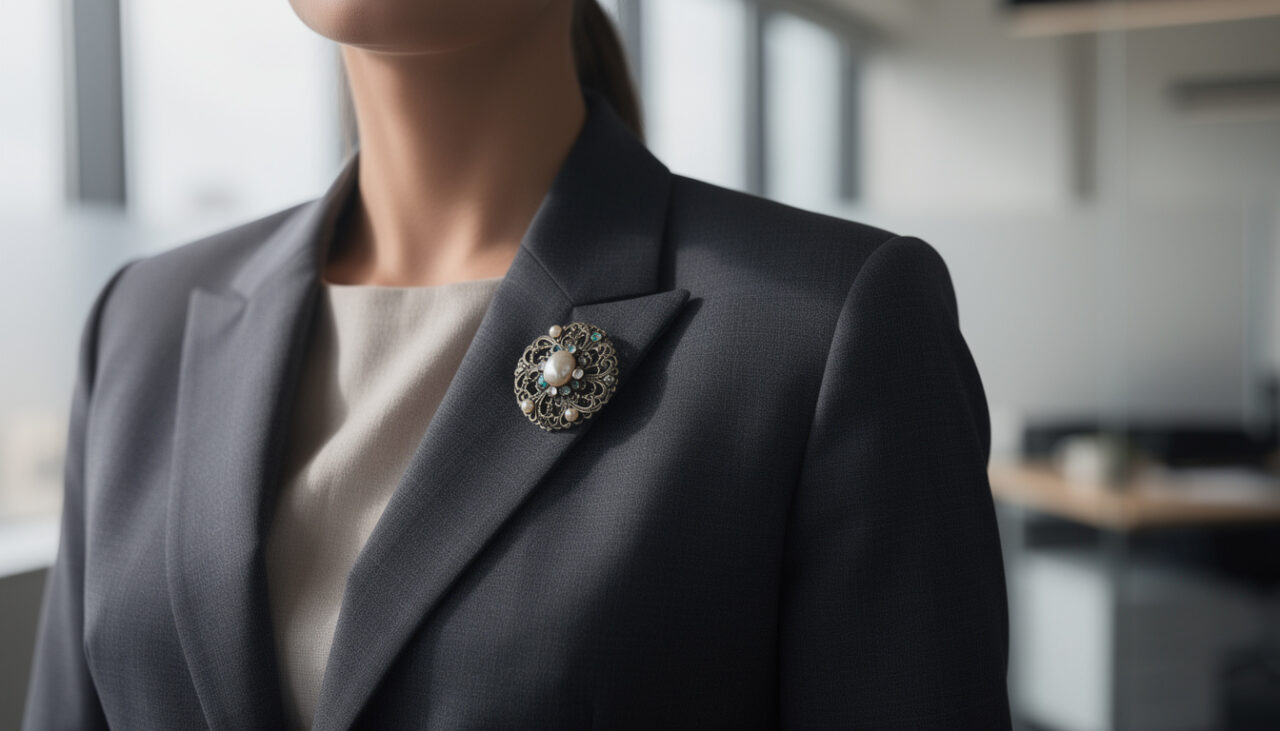 découvrez comment porter une broche ancienne sur un blazer pour un look chic et intemporel au bureau, alliant élégance classique et modernité avec raffinement.