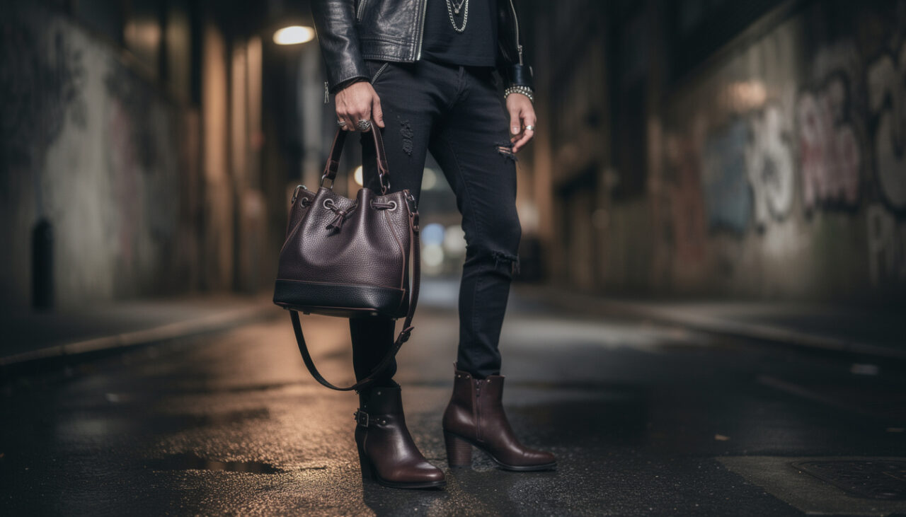 découvrez comment associer un sac seau en cuir avec des bottines pour adopter un style rock urbain tendance et audacieux.