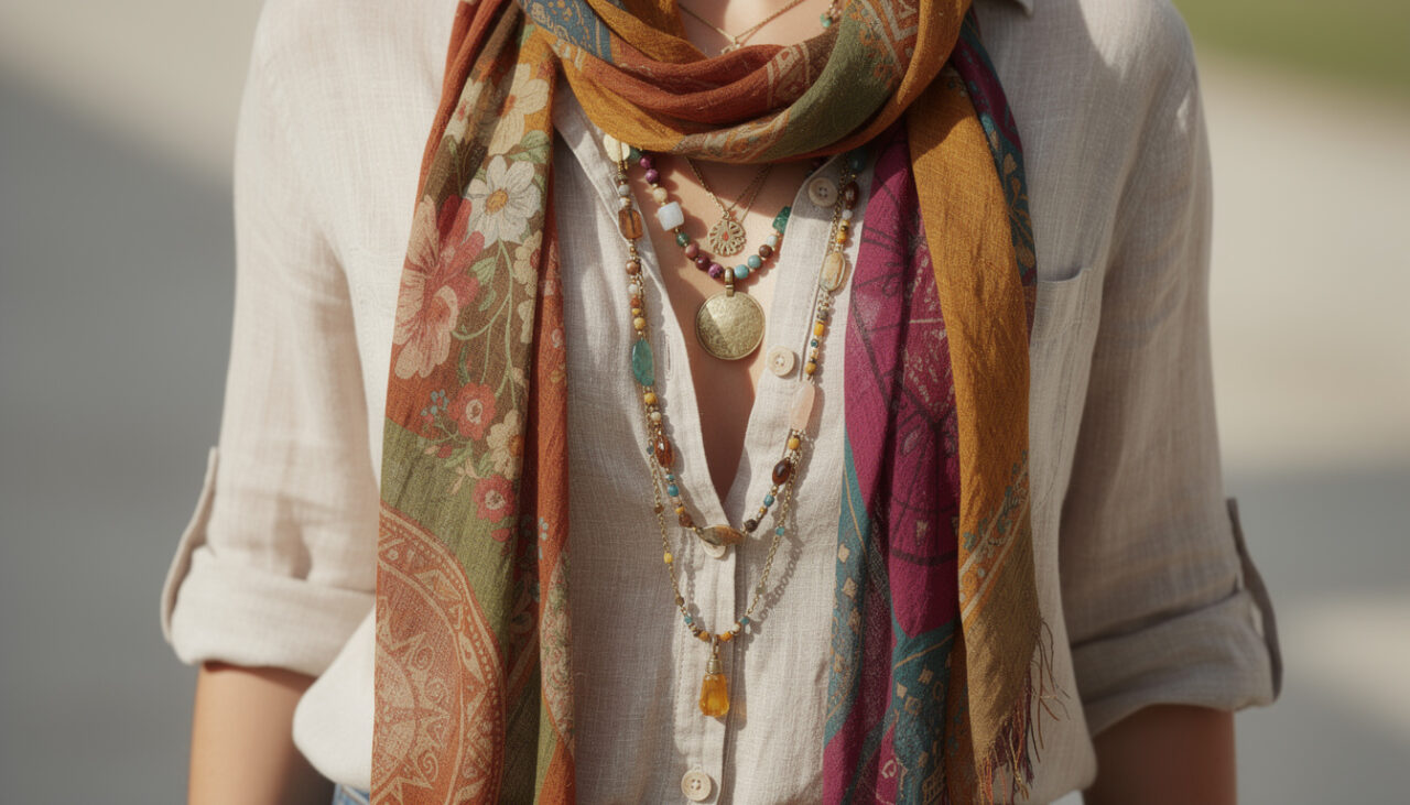 découvrez comment superposer foulards et colliers avec une chemise en lin pour un look casual bohème élégant et décontracté, parfait pour toutes les occasions.