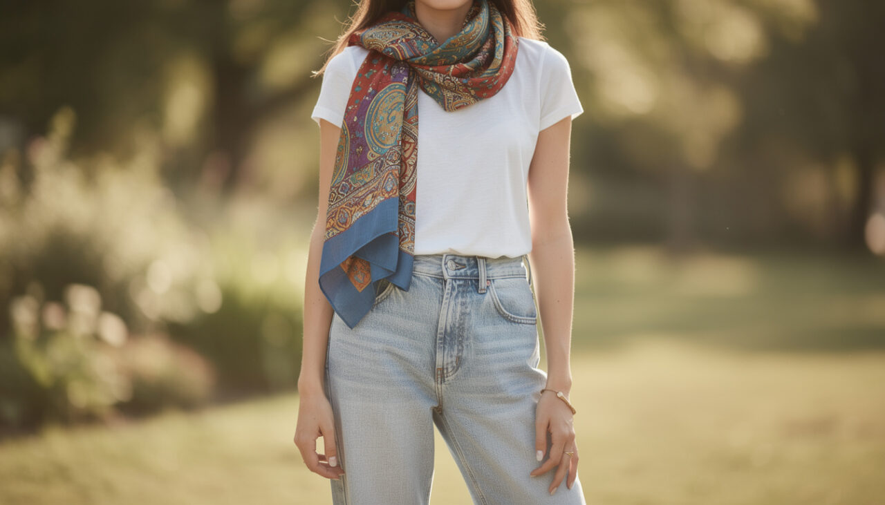 découvrez comment choisir un foulard imprimé pour apporter une touche de fraîcheur et de style casual à votre jean boyfriend.