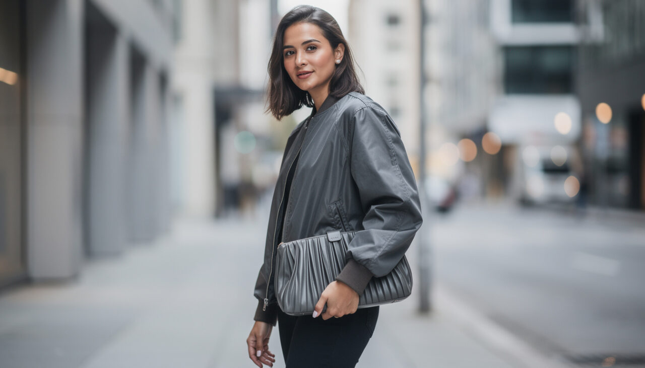 découvrez comment porter un sac pochette plissé avec un blouson bomber casual pour un look tendance et décontracté, alliant style et praticité au quotidien.
