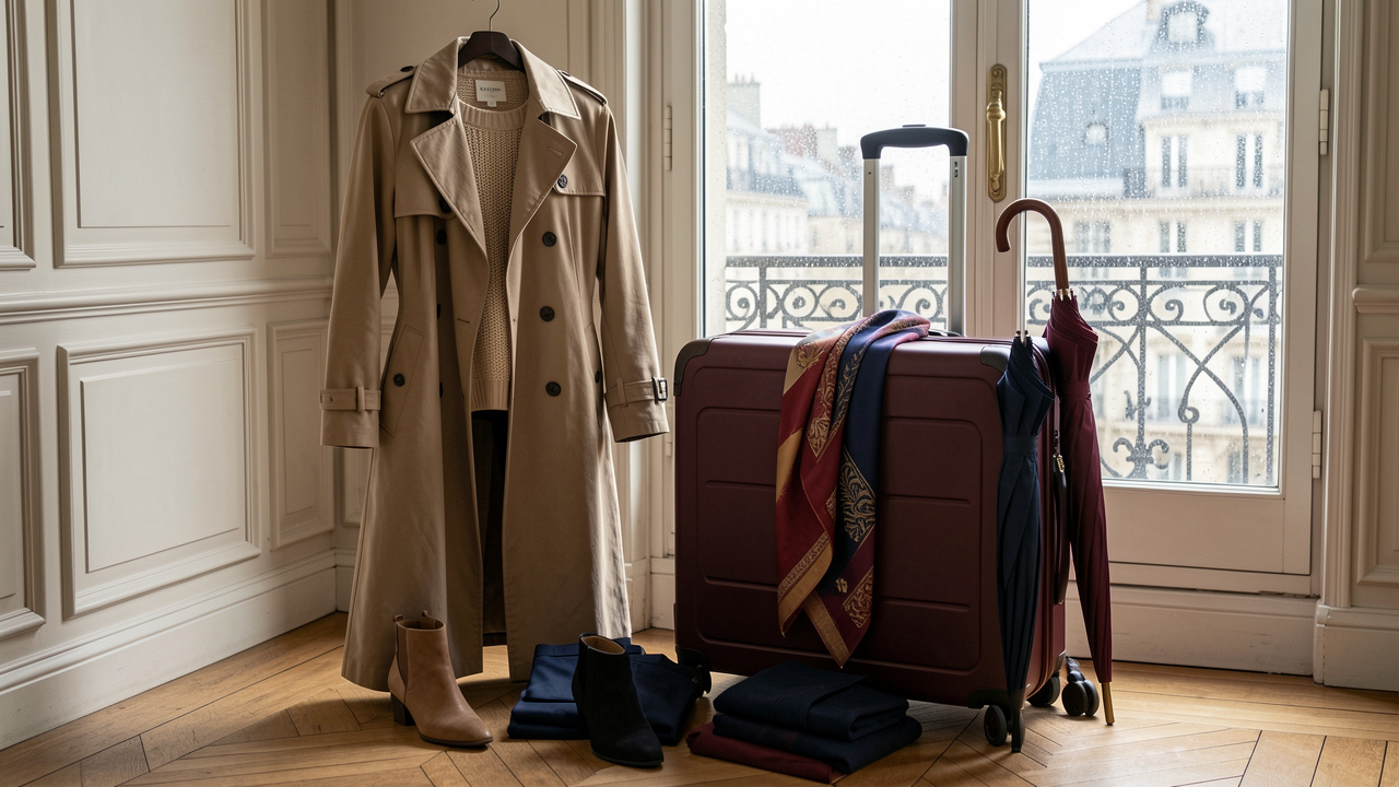 Garde-robe chic de week-end disposée près d’une petite valise cabine, avec trench, pull, pantalon, bottines, foulard et parapluie, dans un intérieur parisien baigné par une lumière grise de pluie.