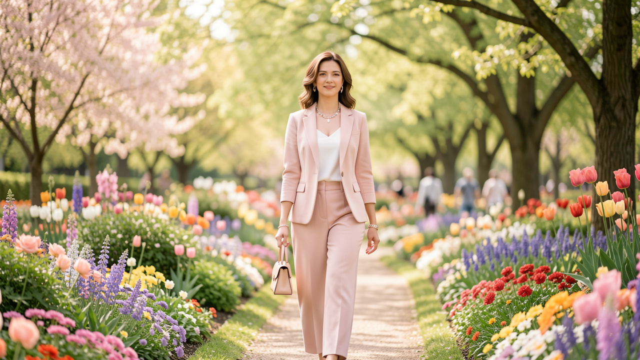 Une femme élégante en tenue pastel marche dans un parc fleuri baigné d’une douce lumière naturelle, avec des accessoires raffinés.