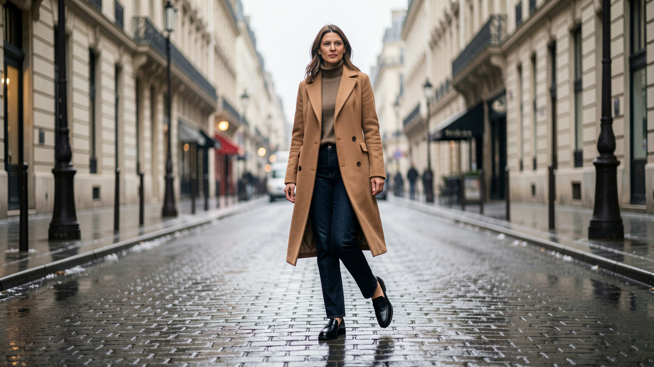 Femme adulte marchant dans une rue parisienne humide en hiver, vêtue d’un long manteau camel, d’un jean droit brut et de mocassins noirs en cuir.