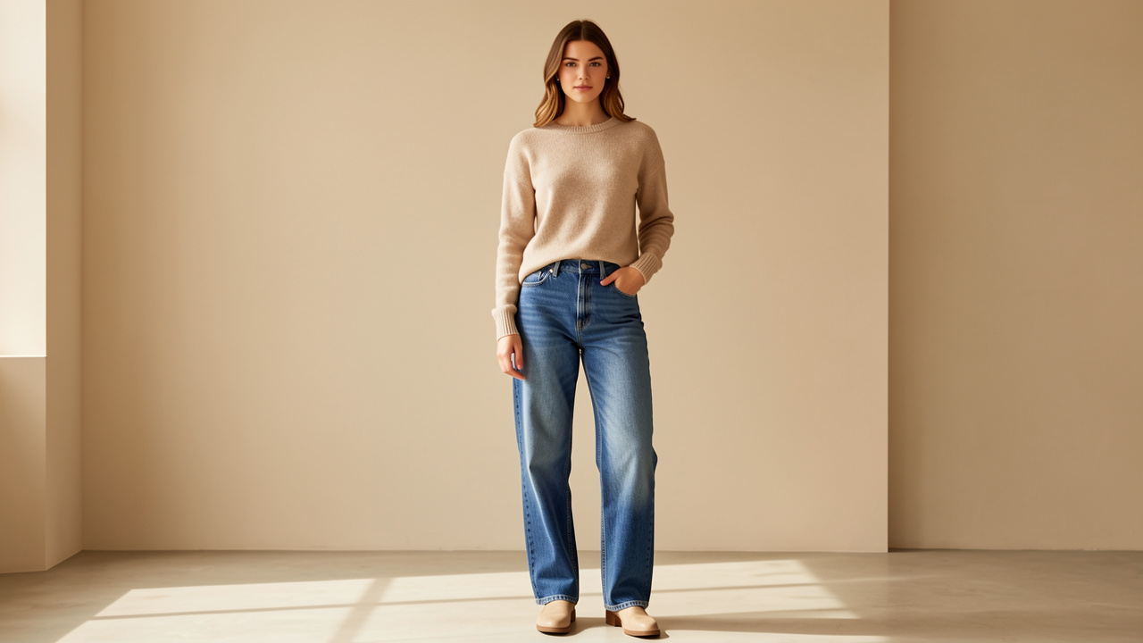 Femme portant un pull fin beige à manches extra-longues et un jean droit taille haute dans une mise en scène éditoriale contemporaine, éclairée par une lumière douce.