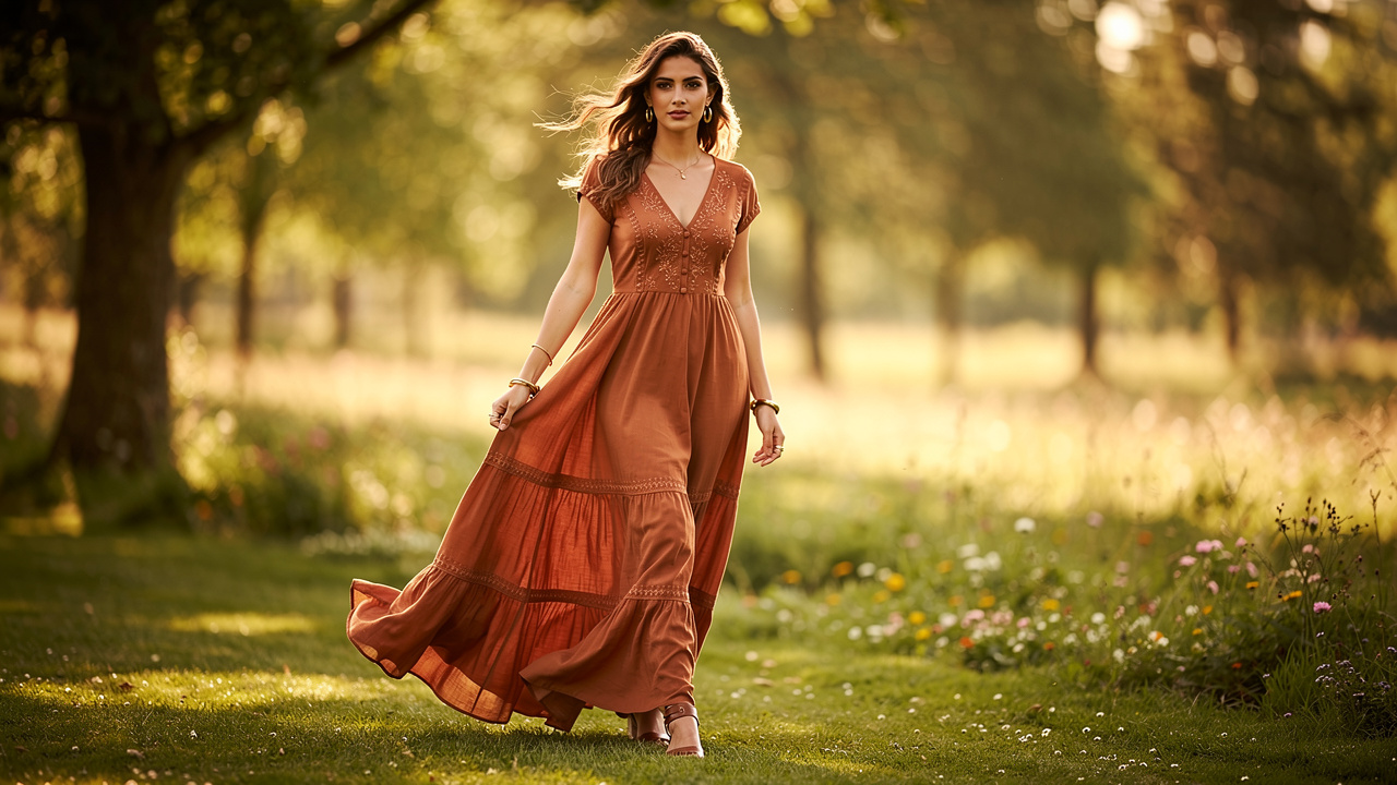 Femme en longue robe terracotta fluide marchant dans un parc verdoyant baigné par la lumière dorée de la fin d’après-midi, dans un style mariage bohème chic.