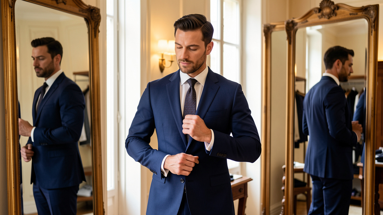 Un homme élégant essaie un costume bleu nuit dans une boutique parisienne de tailoring éclairée par la lumière naturelle, entouré de grands miroirs.