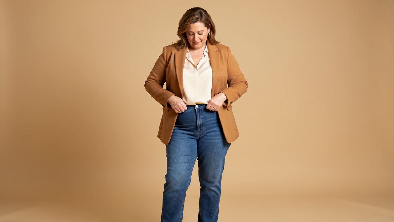 Femme élégante d’une cinquantaine d’années portant un jean bleu taille haute à coupe droite, associé à une blouse claire et une veste camel.