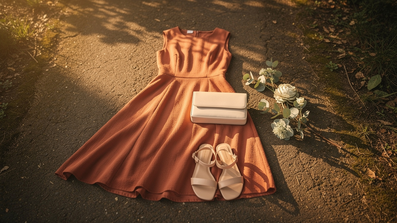 Robe midi terracotta accompagnée de sandales beige, d'une pochette écrue et de fleurs vert sauge sur une allée de parc ensoleillée.