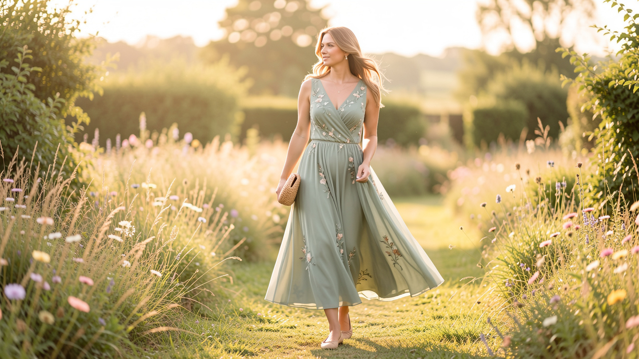 Femme élégante portant une tenue raffinée pour un mariage champêtre, avec une robe midi vert sauge, une pochette tressée et des ballerines beiges dans un jardin fleuri.