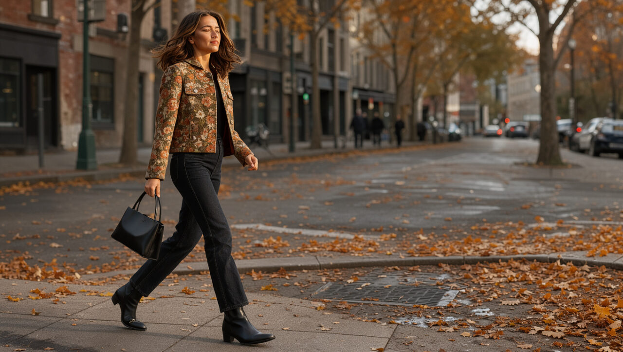 Femme en ville à l’automne portant une veste courte en jacquard floral, un jean droit brut, des bottines noires et un sac uni.