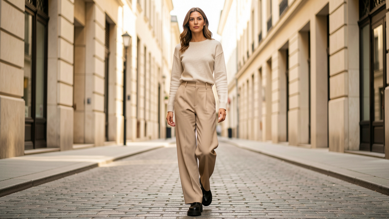 Femme portant un pantalon ample beige taille haute et des derbies noires à semelle épaisse dans un décor urbain élégant.