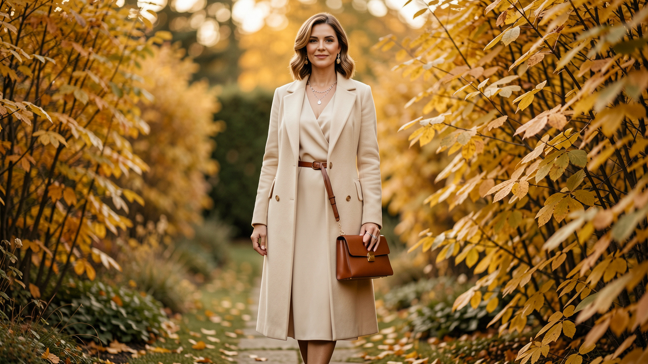 Femme élégante invitée à un mariage automnal, vêtue d’une tenue raffinée parmi un feuillage doré, avec des accessoires délicats et une lumière douce.